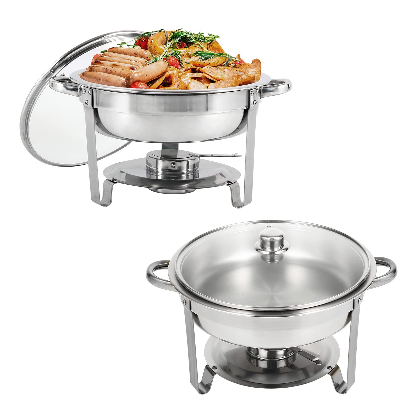 Restlrious Chafing Dish Buffet Set 2 Pack Round Stainless Steel Chafers and Buffet Warmers Sets Glass Lid, 5 QT Full Size Set w/Water Pan, Food Pan, Fuel Holder for Catering Event