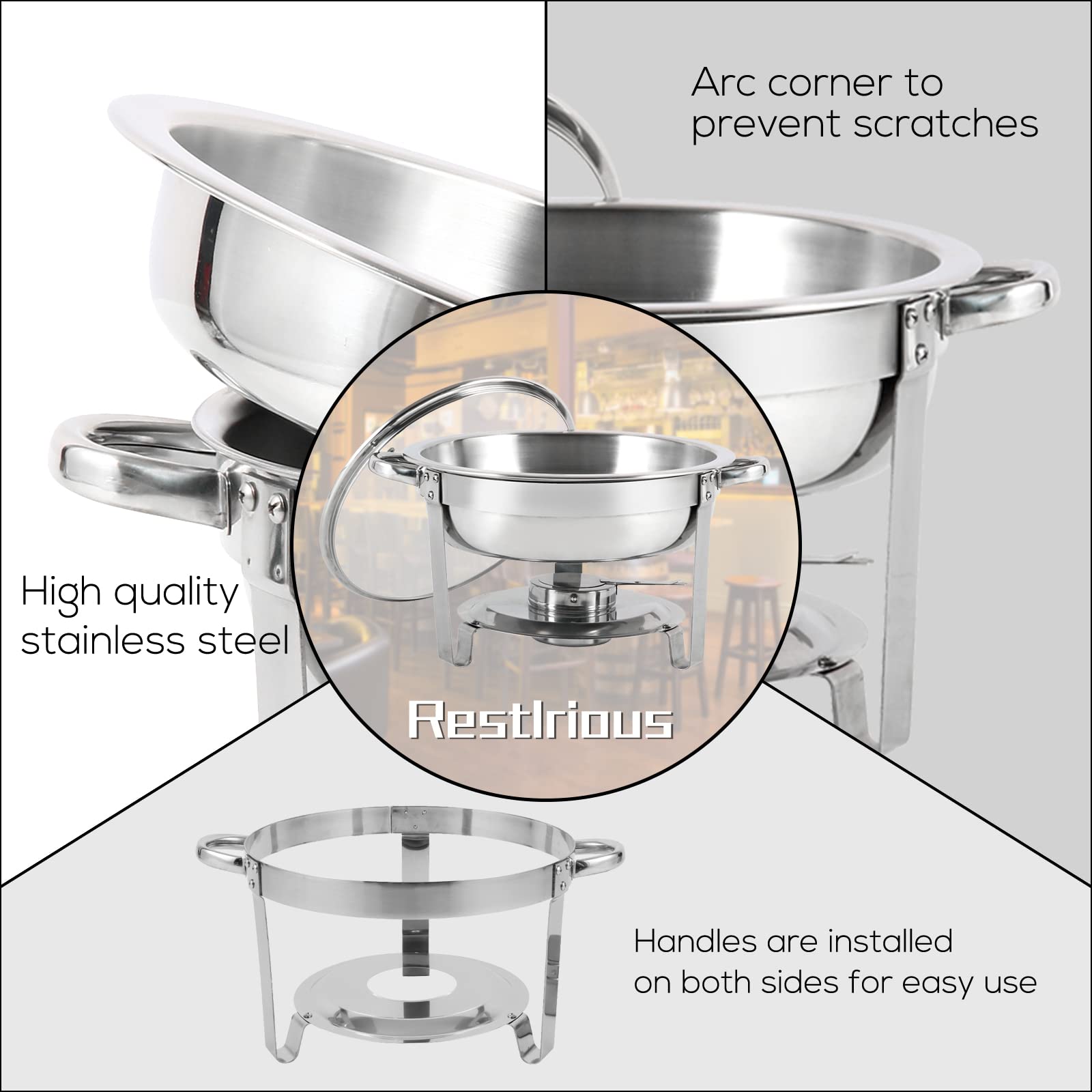 Restlrious Chafing Dish Buffet Set 2 Pack Round Stainless Steel Chafers and Buffet Warmers Sets Glass Lid, 5 QT Full Size Set w/Water Pan, Food Pan, Fuel Holder for Catering Event