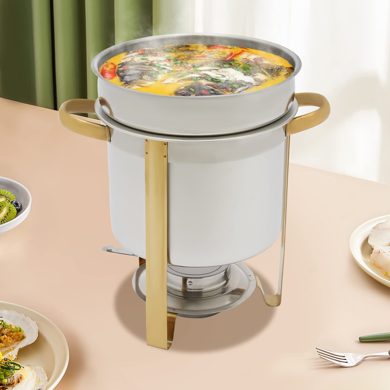 7.4 Qt Soup Chafing Dish With Water Pan Stainless Steel Round Soup Chafer Station with Glass Viewing Lid and Holder Soup and Buffet Warmer Set, Gold&Silver