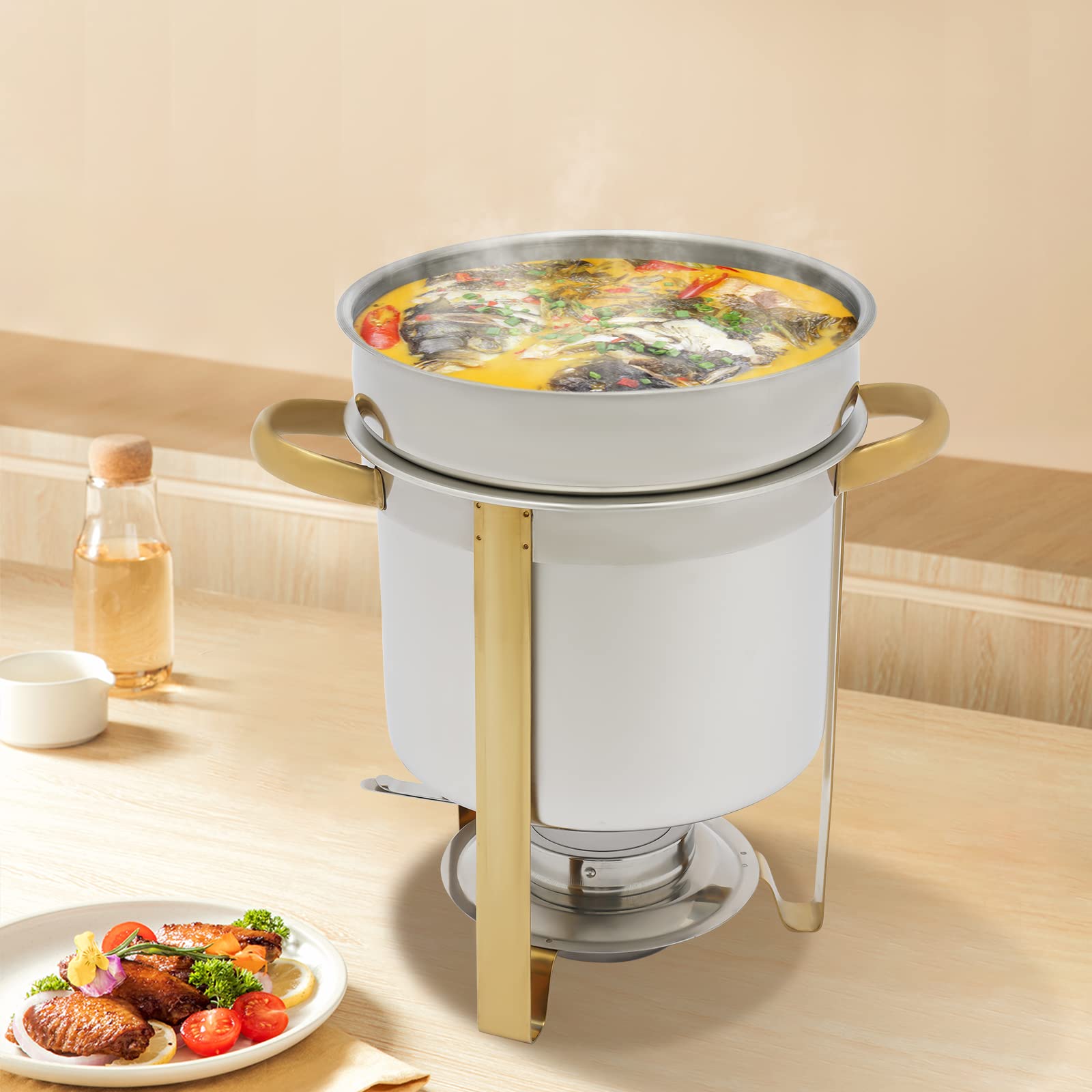 7.4 Qt Soup Chafing Dish With Water Pan Stainless Steel Round Soup Chafer Station with Glass Viewing Lid and Holder Soup and Buffet Warmer Set, Gold&Silver