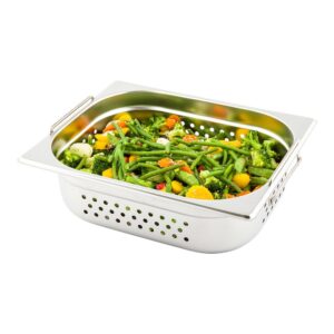 restaurantware perforated steam table pan - half size - 4" deep - collapsible handles - anti jam - commercial grade stainless steel - 1ct box - met lux