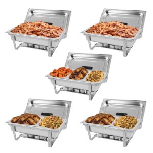 restlrious chafing dish buffet set 8 qt stainless steel foldable rectangular chafers and buffet warmer sets w/full & half & third size food pan, water pan, fuel holder for event catering, 5-pack