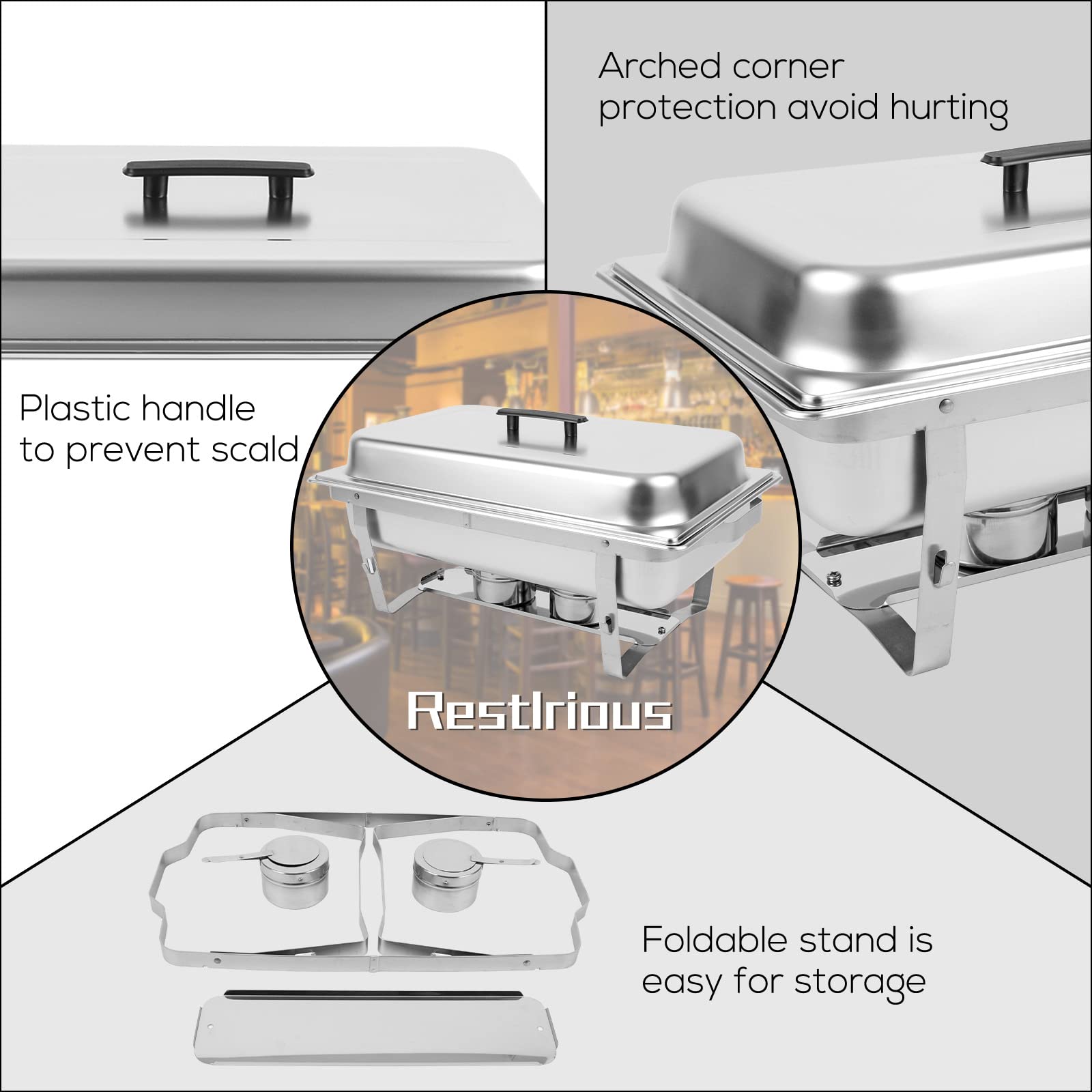 Restlrious Chafing Dish Buffet Set 8 QT Stainless Steel Foldable Rectangular Chafers and Buffet Warmer Sets w/Full & Half & Third Size Food Pan, Water Pan, Fuel Holder for Event Catering, 5-Pack