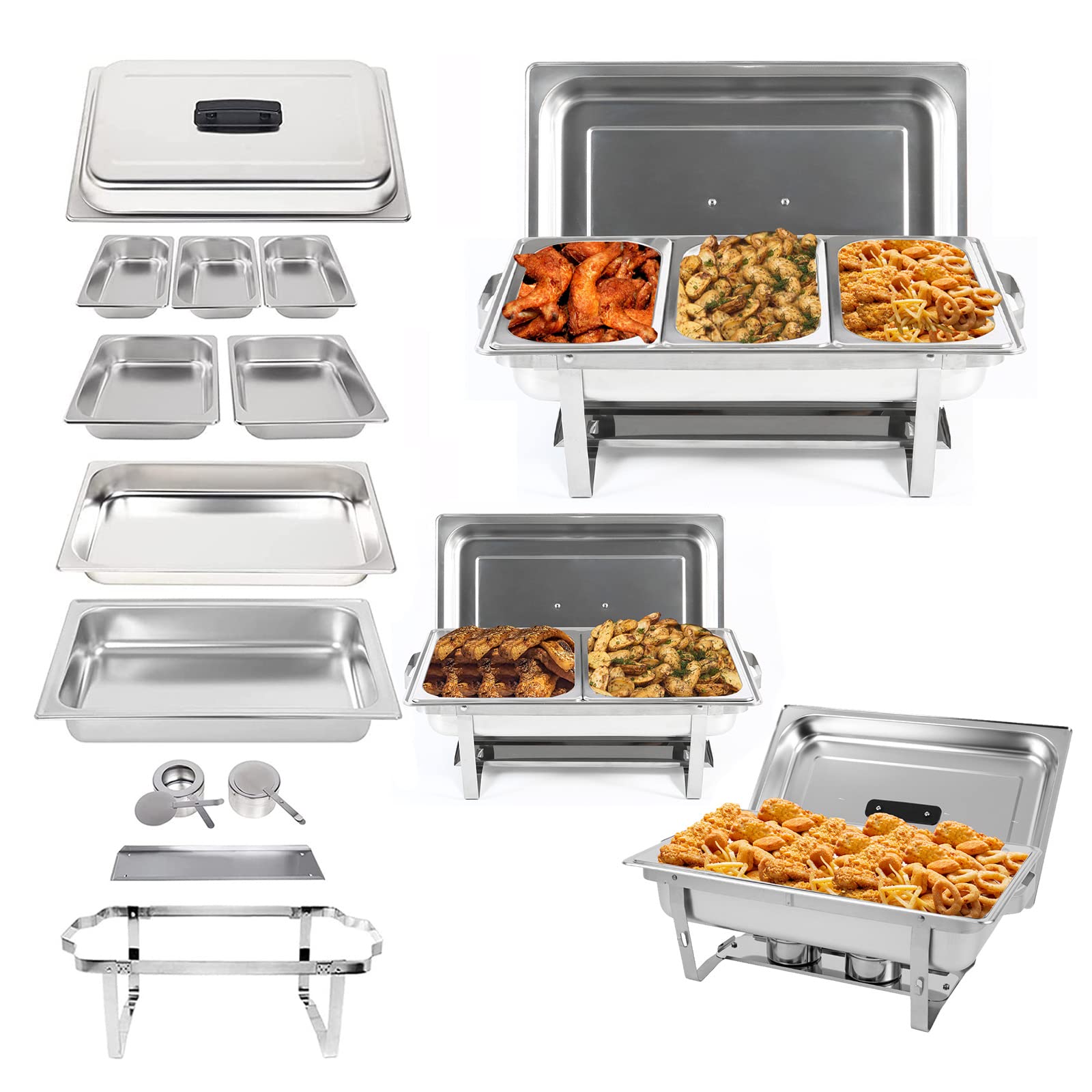 Restlrious Chafing Dish Buffet Set 8 QT Stainless Steel Foldable Rectangular Chafers and Buffet Warmer Sets w/Full & Half & Third Size Food Pan, Water Pan, Fuel Holder for Event Catering, 5-Pack