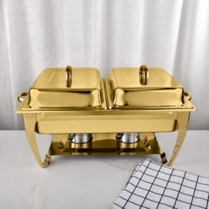 honhpd golden chafing dish buffet set, 9 qt stainless steel food warmer - 9 liters buffet servers with fuel holder & water pan - chafer set for banquet parties even catering wedding