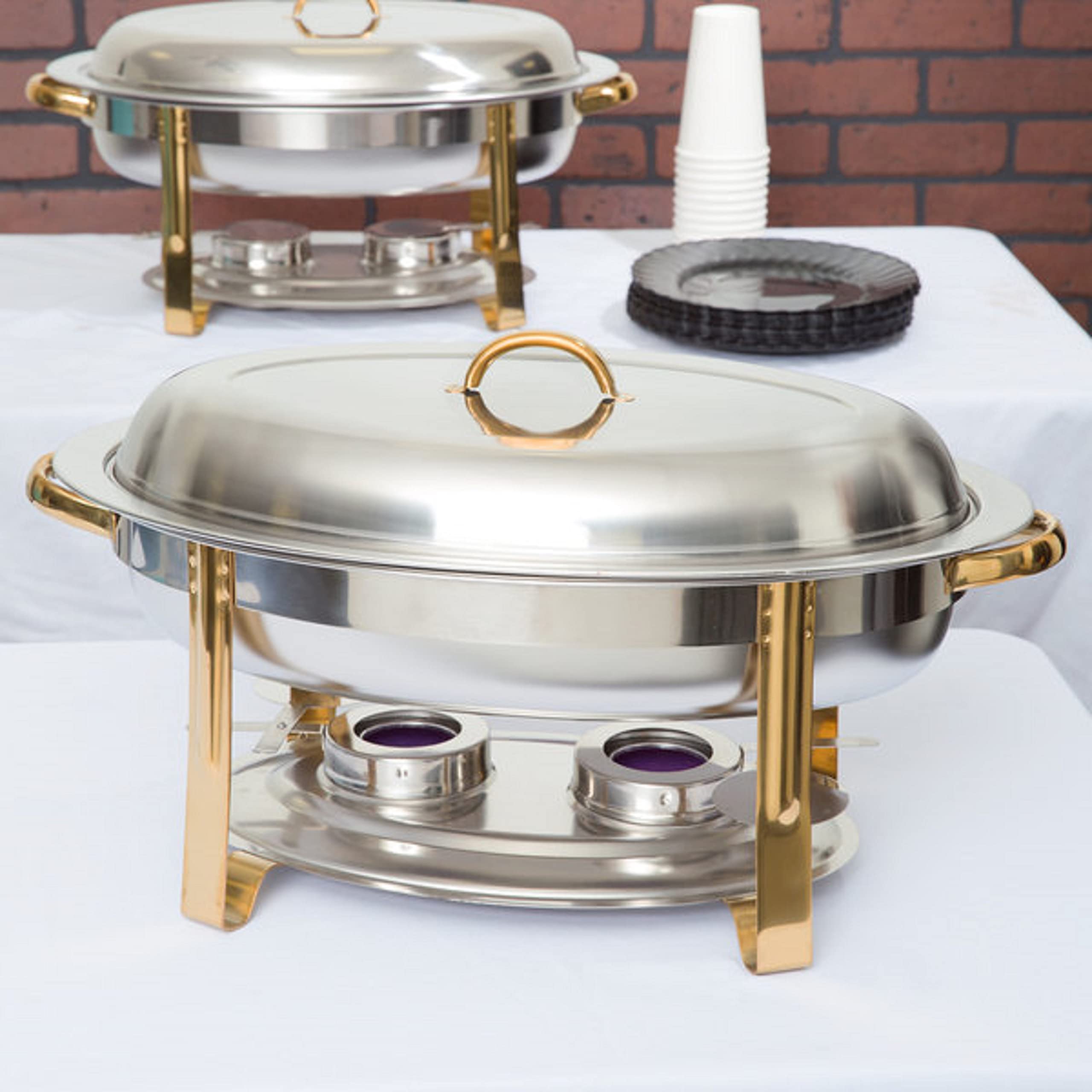 TrueCraftware 6 Qt. Half Size Stainless Steel Gold Accented Oval Chafing Dish Complete Set- Chafers and Buffet Warmer Sets for Catering Event Party Holiday Buffet Weddings Catering
