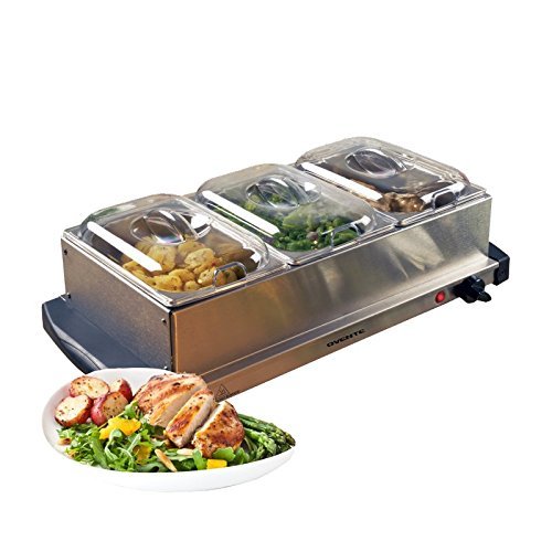 Ovente 3-in-1 Party Chocolate, Butter, Cheese Fondue Warmer and Mini Food Buffet Server with Warmer Tray, 3 Liter, Adjustable Temperature Dial, BPA-Free Cool-Touch Lids, Stainless Steel