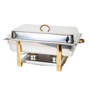 thunder group slrcf0833gh chafer, 8 quart, full-size, oblong, dripless water pan, lift-off lid, fuel holder and plate, gold handles and support beams, stainless steel