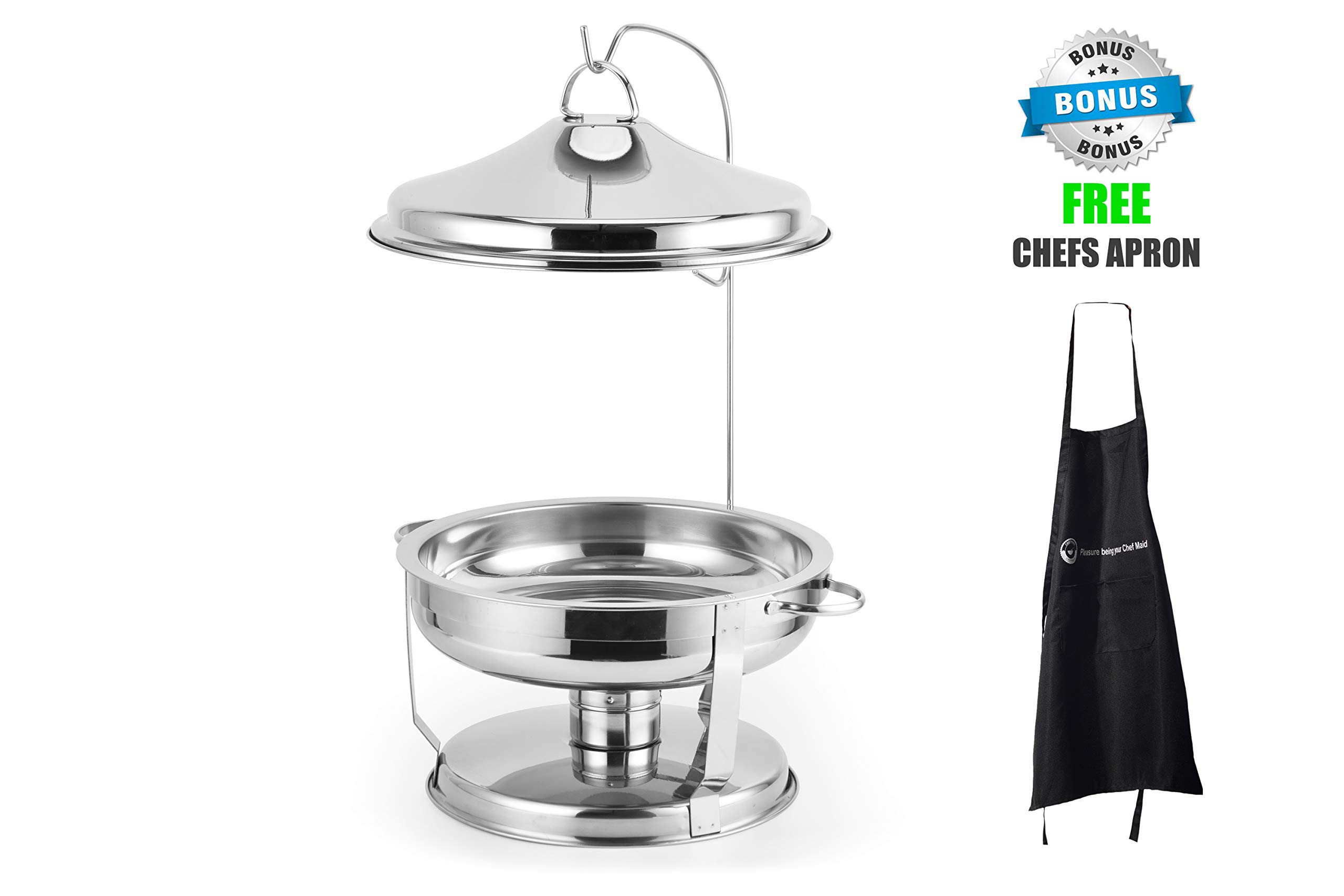 6 Qt Round Chafing Dish With Hanger Stainless Steel Chafer Set And Apron, Buffet Food Warmer Durable, Shiny Silver, Keeps Food Warm In All Catered Events