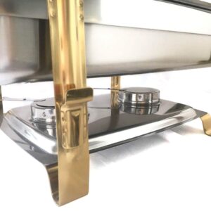 9.5QT Chafing Dish Stainless Steel Chafer Complete Set, Rectangular Chafing Dish Buffet Set Catering Warmer Set with Food and Water Trays Lid Folding Frame Stand, Golden Handle