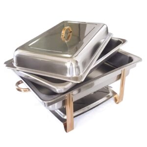 9.5QT Chafing Dish Stainless Steel Chafer Complete Set, Rectangular Chafing Dish Buffet Set Catering Warmer Set with Food and Water Trays Lid Folding Frame Stand, Golden Handle