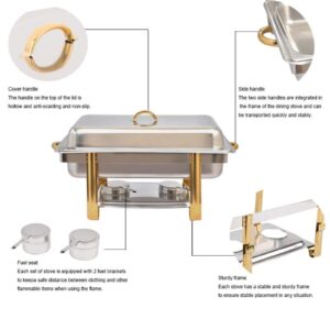 9.5QT Chafing Dish Stainless Steel Chafer Complete Set, Rectangular Chafing Dish Buffet Set Catering Warmer Set with Food and Water Trays Lid Folding Frame Stand, Golden Handle