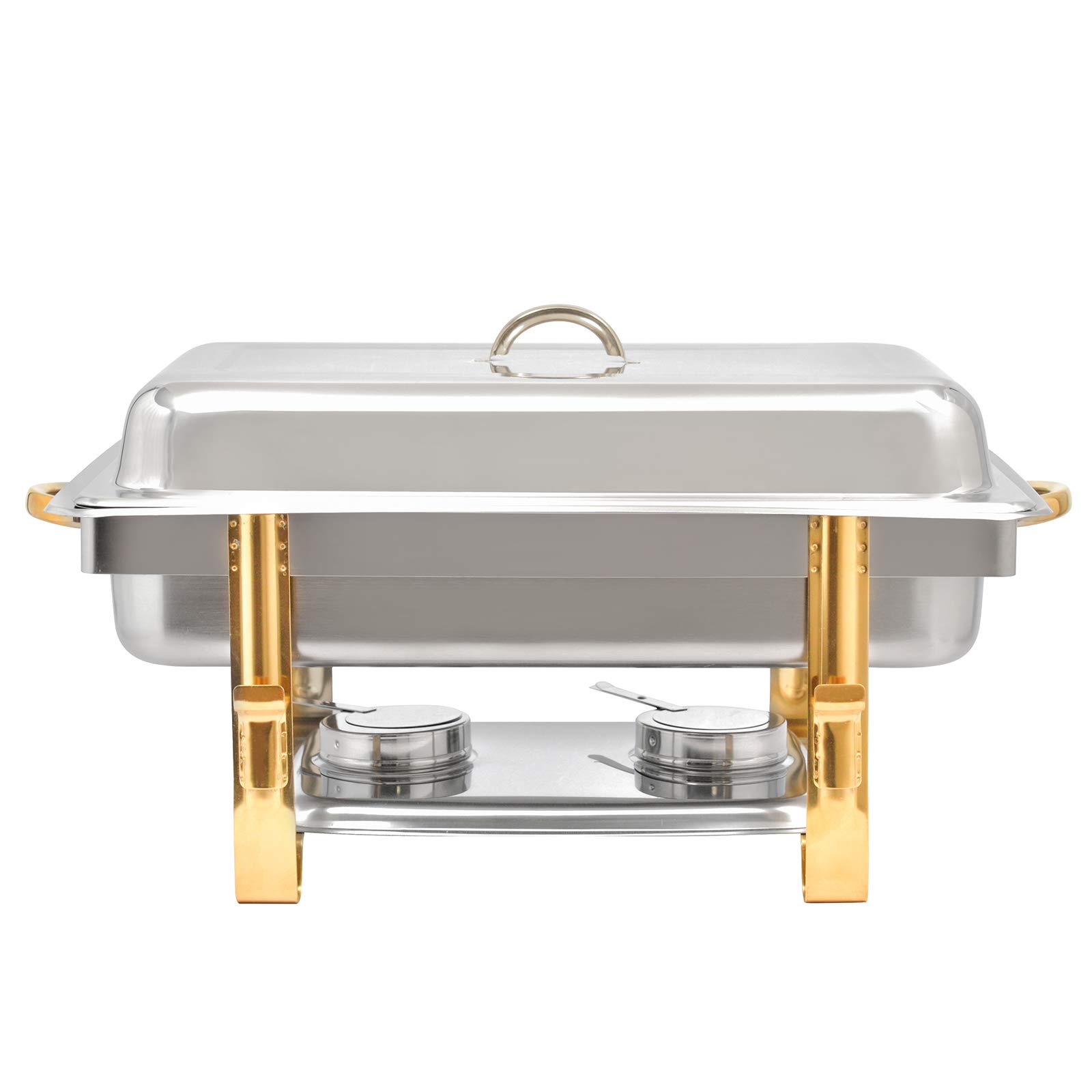 9.5QT Chafing Dish Stainless Steel Chafer Complete Set, Rectangular Chafing Dish Buffet Set Catering Warmer Set with Food and Water Trays Lid Folding Frame Stand, Golden Handle