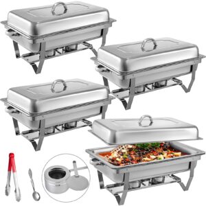vevor 8 quart stainless steel complete rectangular chafers for catering buffet warmer set with folding frame, 4 packs, sliver…
