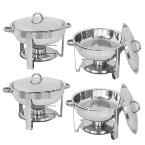 F2C 4 Pack of Stainless Steel Round Chafing Dish Buffet Set Chafer Warmer Set with Trays Pan Lid Folding Frame Stand for Kitchen Party Banquet Dining,5 Quart Full Size