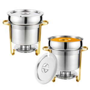 restlrious soup chafer 7 qt stainless steel round soup warmer, large marmite soup chafer with pot lid and fuel holder in gold accent, for catering parties events banquets, commercial grade 2 pack