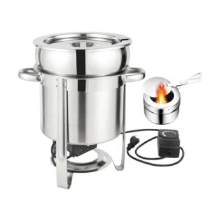 restlrious soup chafer 11 qt stainless steel round soup warmer heating by electric plate or fuel, large marmite soup chafer with pot lid and frame, commercial grade for catering parties events banquet