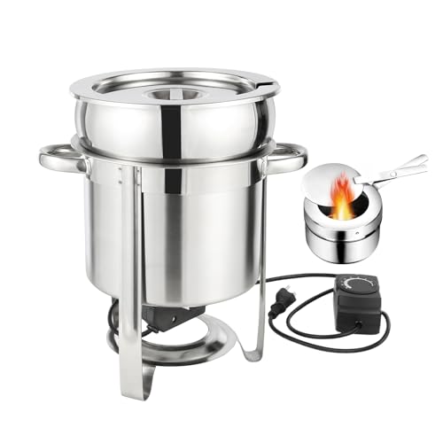 Restlrious Soup Chafer 11 QT Stainless Steel Round Soup Warmer Heating by Electric Plate or Fuel, Large Marmite Soup Chafer with Pot Lid and Frame, Commercial Grade for Catering Parties Events Banquet