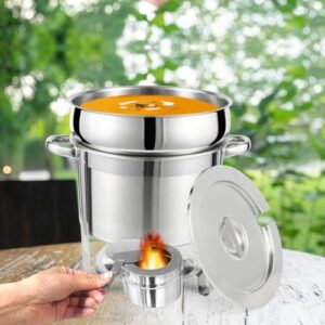 Restlrious Soup Chafer 11 QT Stainless Steel Round Soup Warmer Heating by Electric Plate or Fuel, Large Marmite Soup Chafer with Pot Lid and Frame, Commercial Grade for Catering Parties Events Banquet