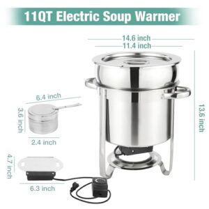 Restlrious Soup Chafer 11 QT Stainless Steel Round Soup Warmer Heating by Electric Plate or Fuel, Large Marmite Soup Chafer with Pot Lid and Frame, Commercial Grade for Catering Parties Events Banquet