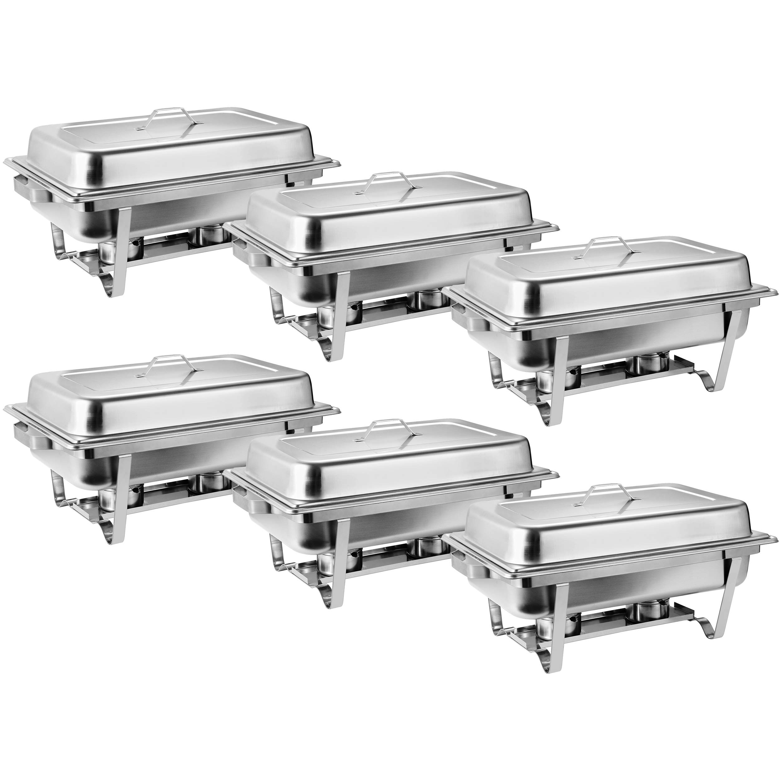 Oteymart Pack of 6 Chafing Dish Buffet Server Warming Tray Chafer Full Size Stainless Rectangular Dish Set Buffet Catering Party Events Utensils w/Fuel Holder Deep Food Pan