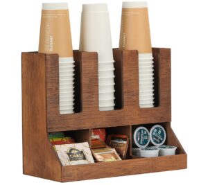 tqvai bamboo coffee station organizer, 6 compartments condiment rack breakroom accessories caddy for k pods, snack, tea bags, disposable cups, retro brown