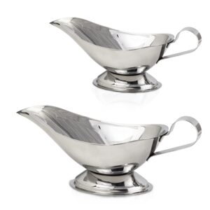 [2 pack] stainless steel gravy boat - 10 oz elegant gravy boats with classic lip and metal gardoon base - stylish large gravy boat for thick sauces, salad dressings - for home, cafe, restaurant use