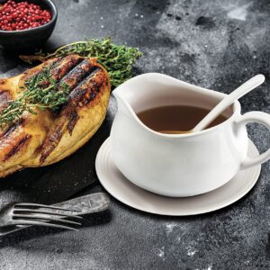 Zenvy 24 Oz Gravy Boat | Ceramic White Gravy Dish Set (24 Oz White) | Includes Gravy Boat, Saucer and Spoon