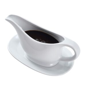 bruntmor 11 oz white ceramic gravy boat with tray, 11 ounce small ceramic serving dish, dispenser with tray for sauces, gravy boats with saucer for thanksgiving and christmas dinner