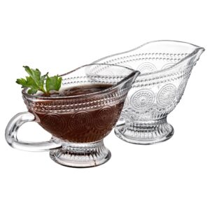 kingrol 2 pack 10 oz gravy boat for serving gravy sauces salad dressings syrups coffee milk, glass creamer pitcher with vintage embossed design