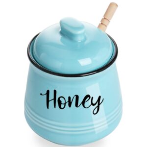 haotop farmhouse porcelain honey jar with dipper and lid set 12oz,easy to clean (turquoise)