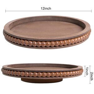 HPC Decor 12 Inch Beaded Wood Lazy Susan- Wooden Lazy Susan Turntable for Table- Farmhouse Round Lazy Susan for Table- Kitchen Turntable 360 Degrees Rotating Table Spinning Tray (Brown)