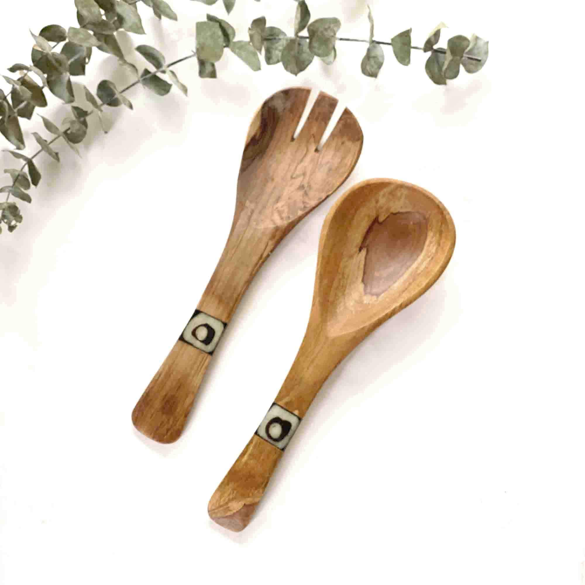 Olive Wood Twisted Salad Serving Set