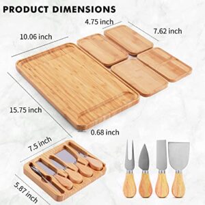 Bamboo Cheese Board, 5 Piece Large Charcuterie Boards and Knife Set - House Warming Gifts New Home, Wedding Gifts for Couple, Party Serving Platter, Anniversary Birthday Christmas Present for Women