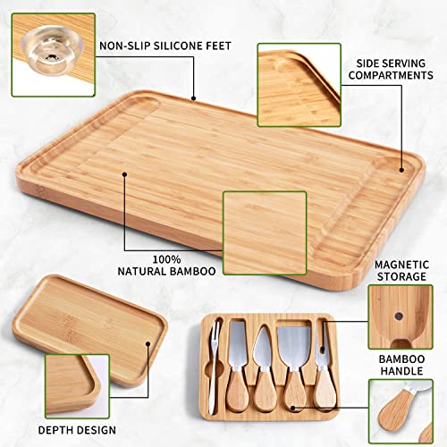 Bamboo Cheese Board, 5 Piece Large Charcuterie Boards and Knife Set - House Warming Gifts New Home, Wedding Gifts for Couple, Party Serving Platter, Anniversary Birthday Christmas Present for Women