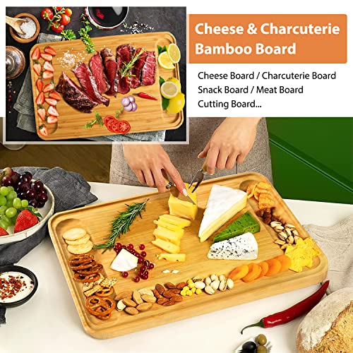 Bamboo Cheese Board, 5 Piece Large Charcuterie Boards and Knife Set - House Warming Gifts New Home, Wedding Gifts for Couple, Party Serving Platter, Anniversary Birthday Christmas Present for Women