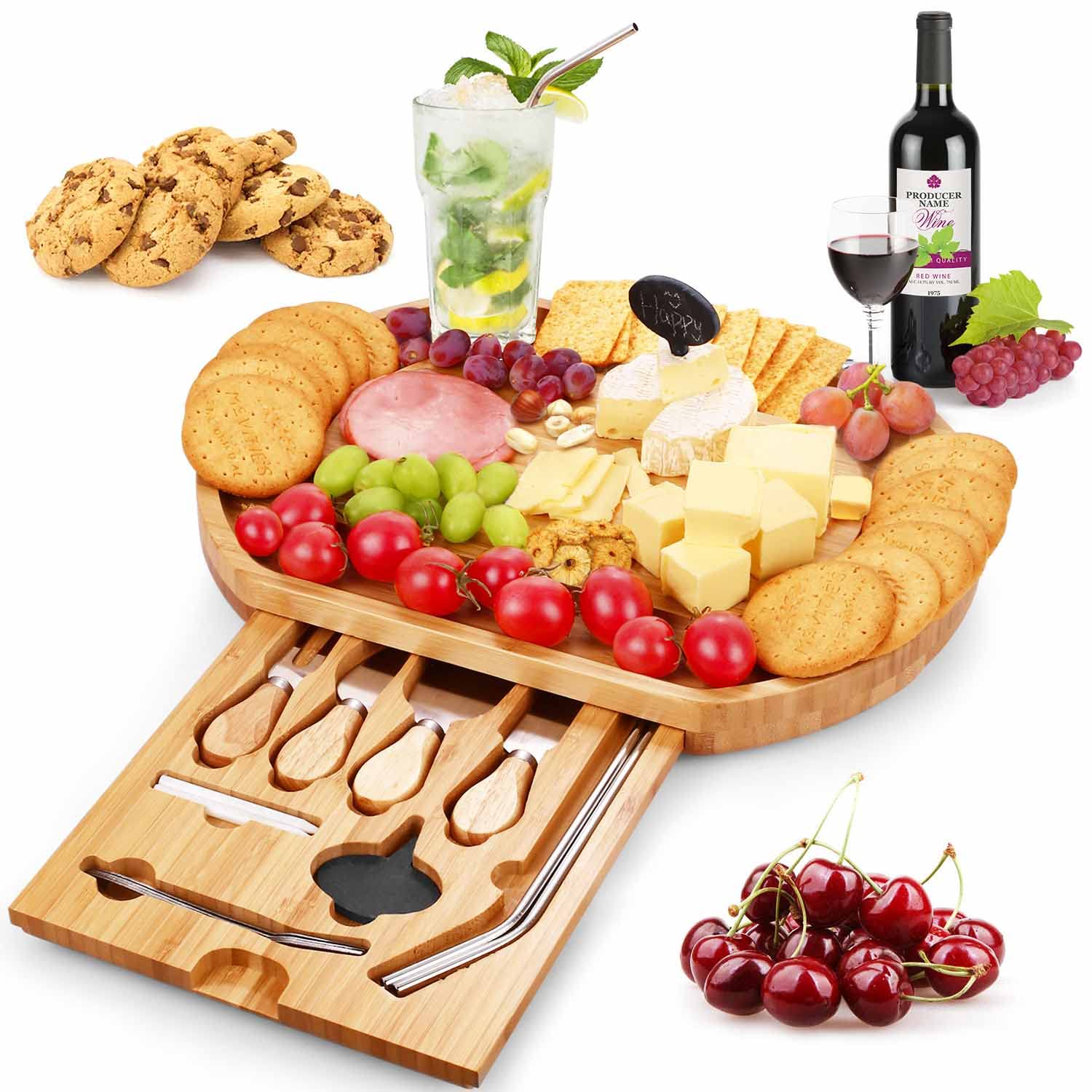 Duerer Cheese Board Set, Meat and Cheese Tray with Cutlery in Slide-Out Drawer - Bamboo Charcuterie Platter for Crackers, Brie and Meat - Best Gift for Christmas, Valentine, Birthday (Include Straws)