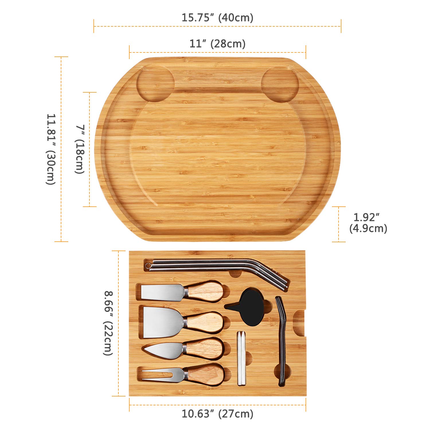 Duerer Cheese Board Set, Meat and Cheese Tray with Cutlery in Slide-Out Drawer - Bamboo Charcuterie Platter for Crackers, Brie and Meat - Best Gift for Christmas, Valentine, Birthday (Include Straws)