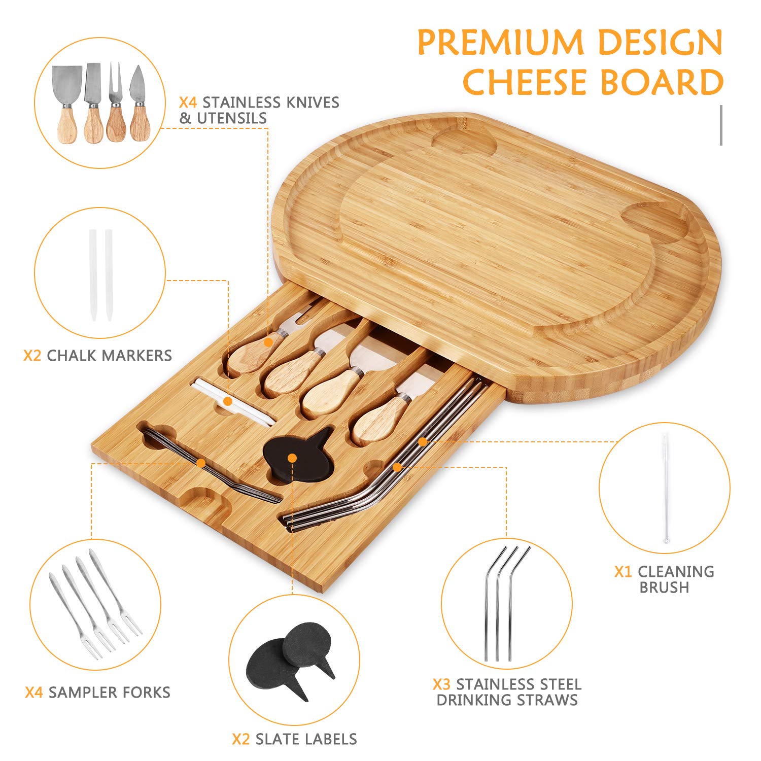 Duerer Cheese Board Set, Meat and Cheese Tray with Cutlery in Slide-Out Drawer - Bamboo Charcuterie Platter for Crackers, Brie and Meat - Best Gift for Christmas, Valentine, Birthday (Include Straws)