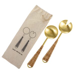 bloomingville scandinavian stainless steel rattan wrapped handles in printed drawstring bag, gold and natural salad server