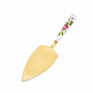 spode creatures of curiosity collection cake server with floral motif, stainless steel cake knife with porcelain handle, perfect wedding cake cutter for cakes, pies, desserts, and more