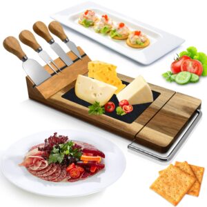 nutrichef slicing bamboo cheese board platter - 4 stainless steel knives and magnet holder - modern wood snack serving tray w/stone slate slab - slicer blade for cutting - pkczbd50.5