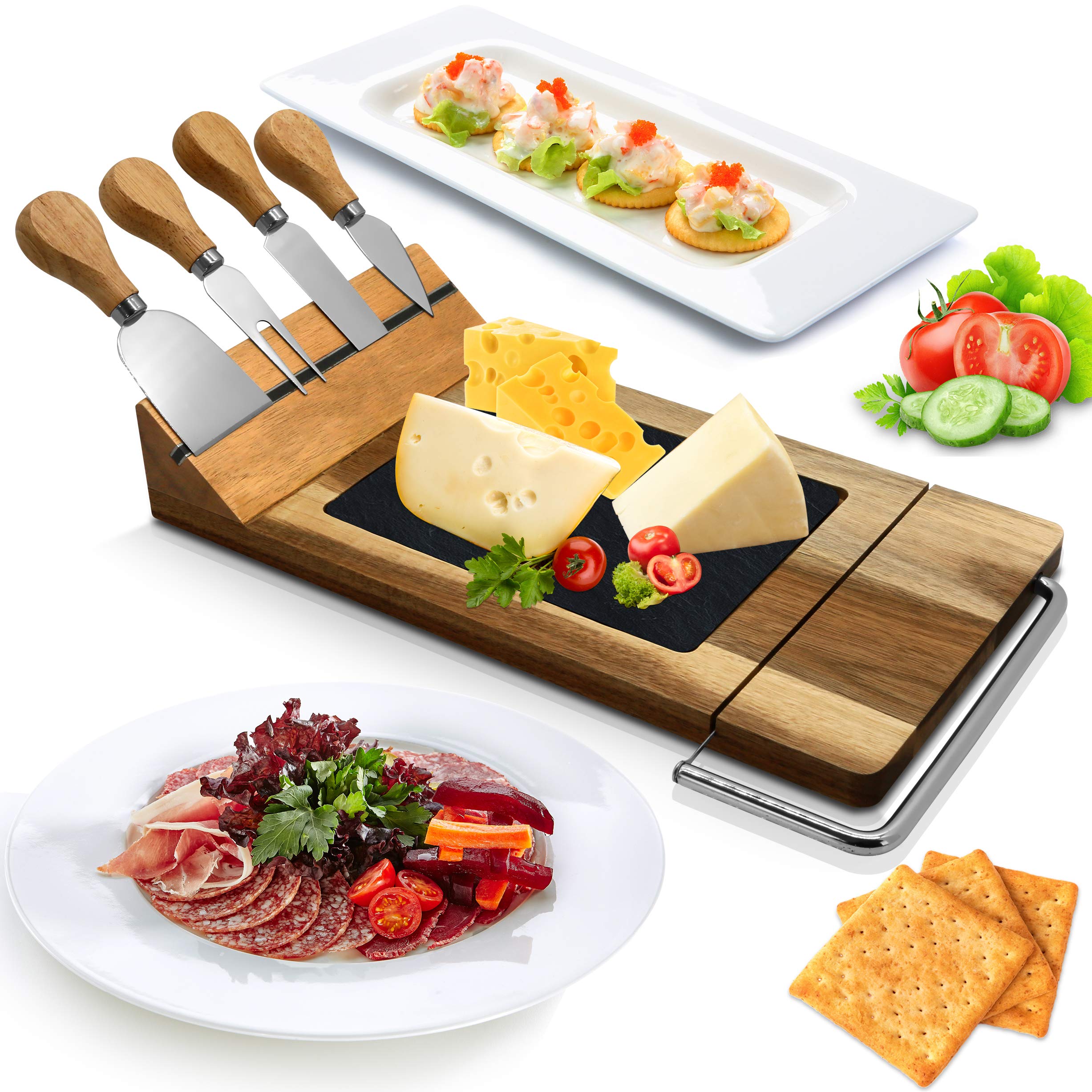 NutriChef Slicing Bamboo Cheese Board Platter - 4 Stainless Steel Knives and Magnet Holder - Modern Wood Snack Serving Tray w/Stone Slate Slab - Slicer Blade for Cutting - PKCZBD50.5