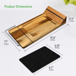 NutriChef Slicing Bamboo Cheese Board Platter - 4 Stainless Steel Knives and Magnet Holder - Modern Wood Snack Serving Tray w/Stone Slate Slab - Slicer Blade for Cutting - PKCZBD50.5