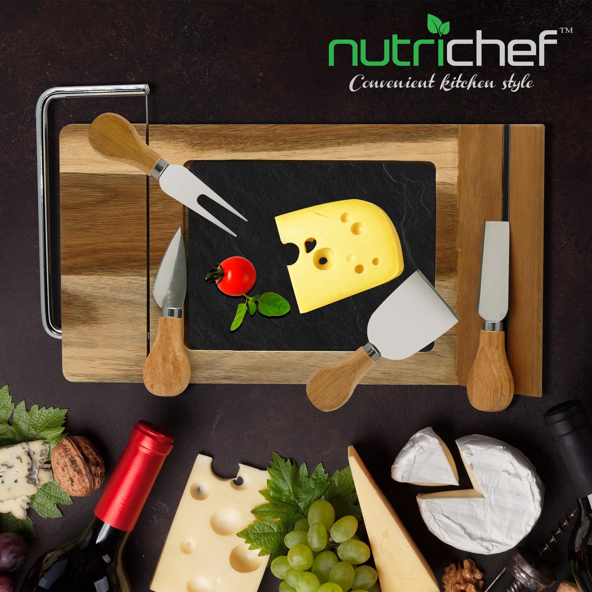 NutriChef Slicing Bamboo Cheese Board Platter - 4 Stainless Steel Knives and Magnet Holder - Modern Wood Snack Serving Tray w/Stone Slate Slab - Slicer Blade for Cutting - PKCZBD50.5