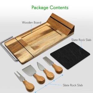 NutriChef Slicing Bamboo Cheese Board Platter - 4 Stainless Steel Knives and Magnet Holder - Modern Wood Snack Serving Tray w/Stone Slate Slab - Slicer Blade for Cutting - PKCZBD50.5