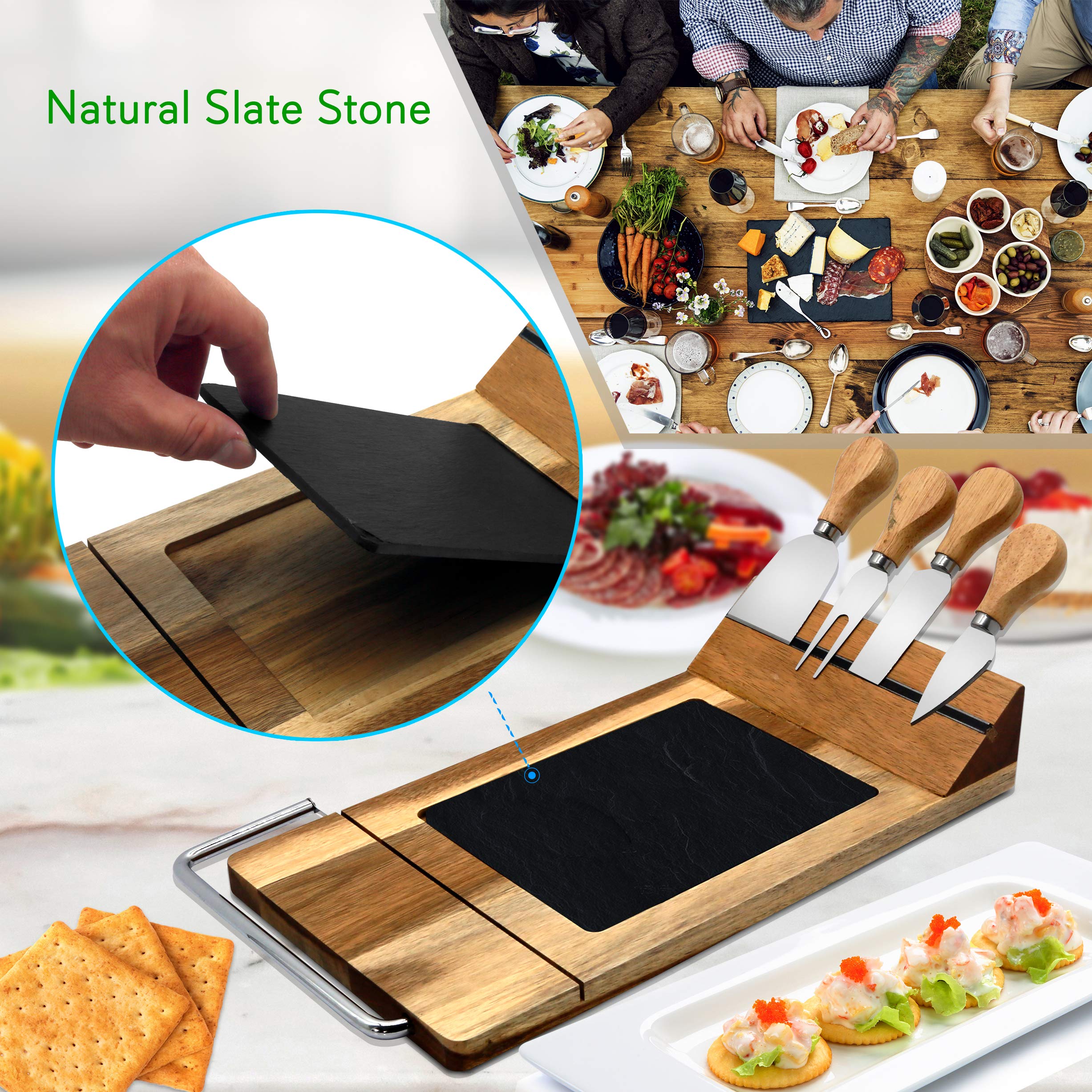 NutriChef Slicing Bamboo Cheese Board Platter - 4 Stainless Steel Knives and Magnet Holder - Modern Wood Snack Serving Tray w/Stone Slate Slab - Slicer Blade for Cutting - PKCZBD50.5