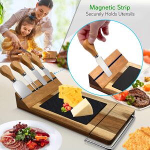 NutriChef Slicing Bamboo Cheese Board Platter - 4 Stainless Steel Knives and Magnet Holder - Modern Wood Snack Serving Tray w/Stone Slate Slab - Slicer Blade for Cutting - PKCZBD50.5