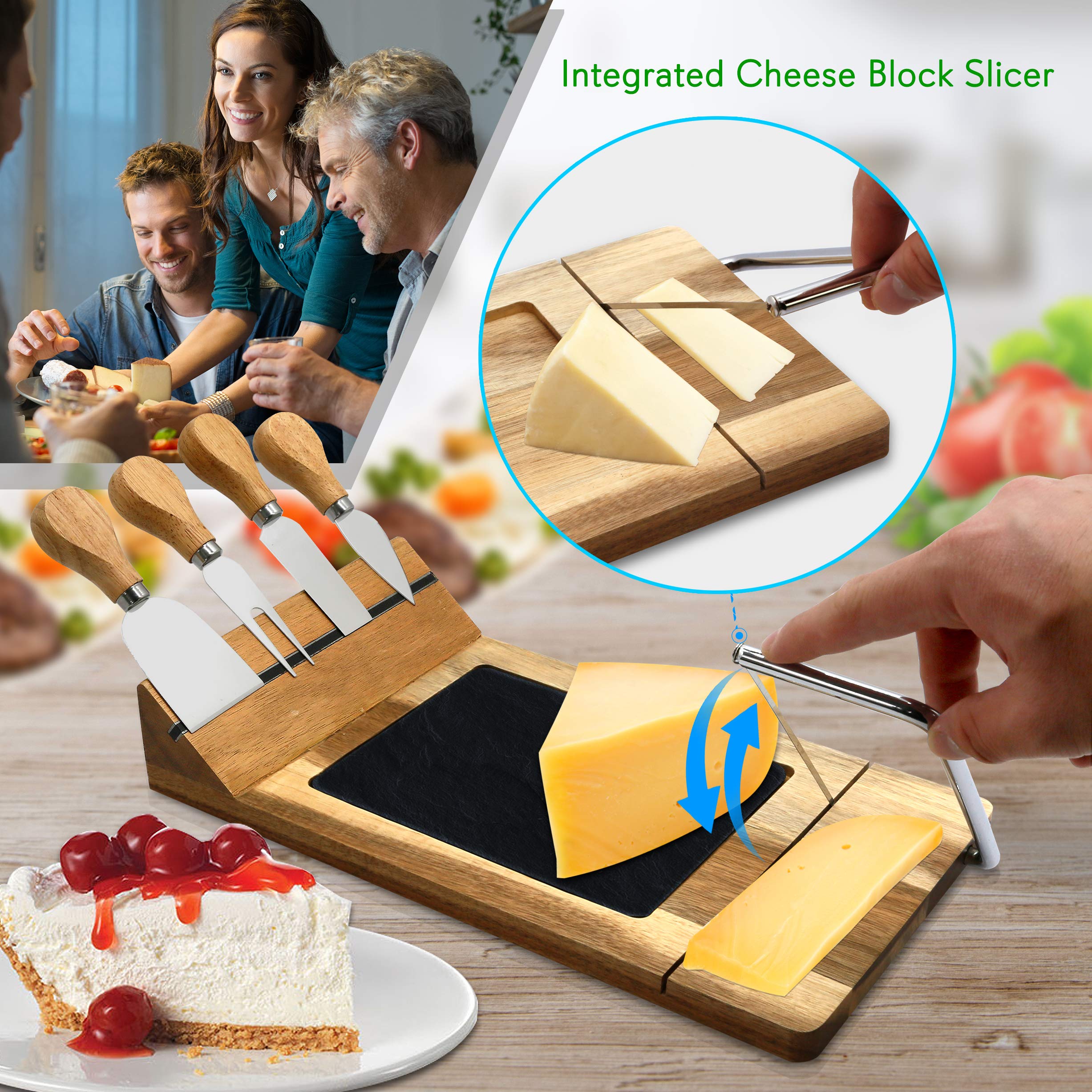 NutriChef Slicing Bamboo Cheese Board Platter - 4 Stainless Steel Knives and Magnet Holder - Modern Wood Snack Serving Tray w/Stone Slate Slab - Slicer Blade for Cutting - PKCZBD50.5