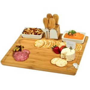 picnic at ascot large bamboo cheese board/charcuterie platter with 4 stainless steel tools, 2 ceramic trays & cheese markers -16" x 13"- designed & quality checked in usa